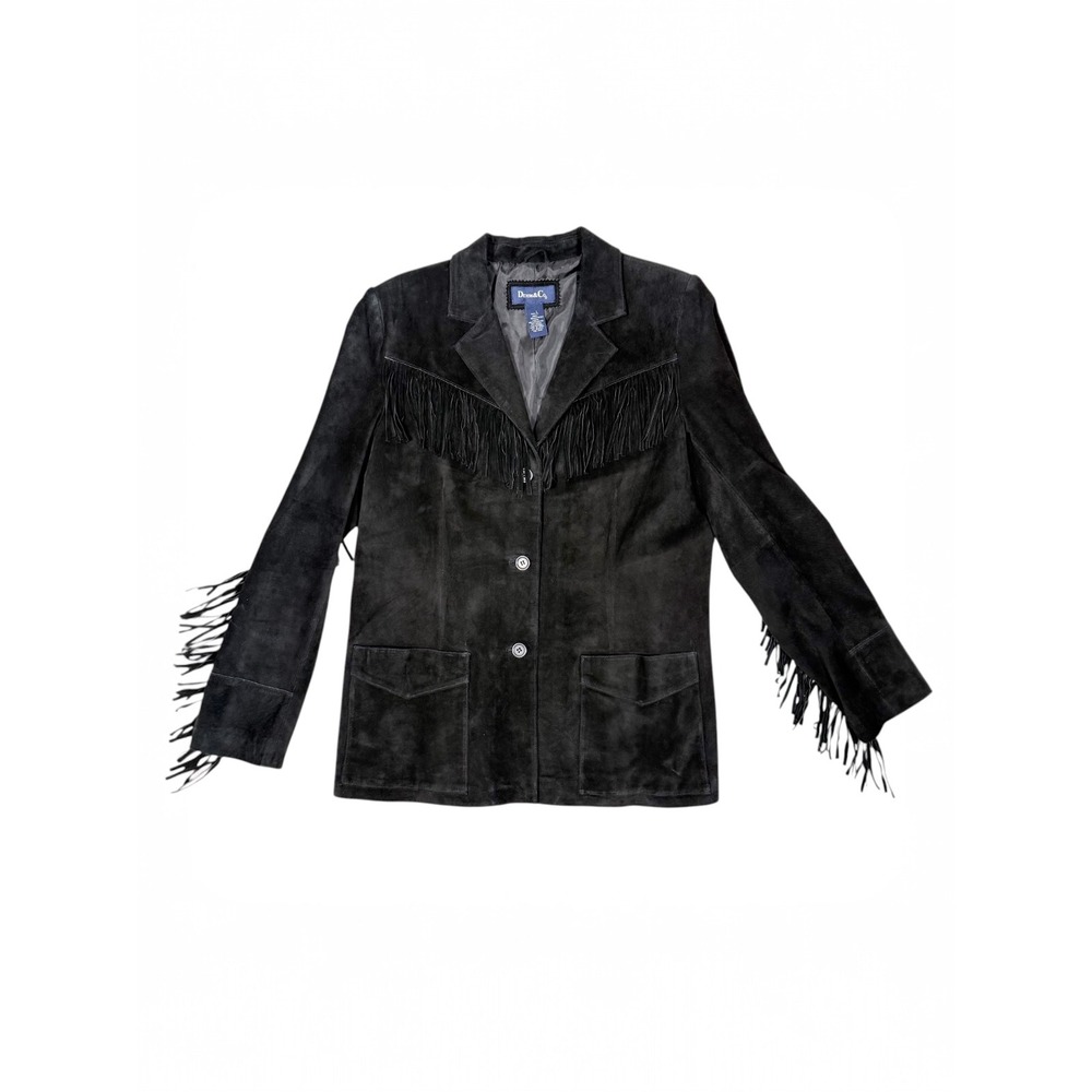 Womens Black Suede‎ Leather Fringe Western Jacket Blazer Size L A53263